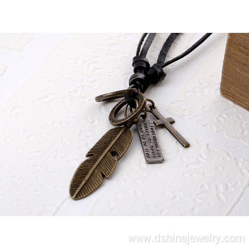 Angel Feather Pendant Men Alloy Cross Charm Leather Necklace